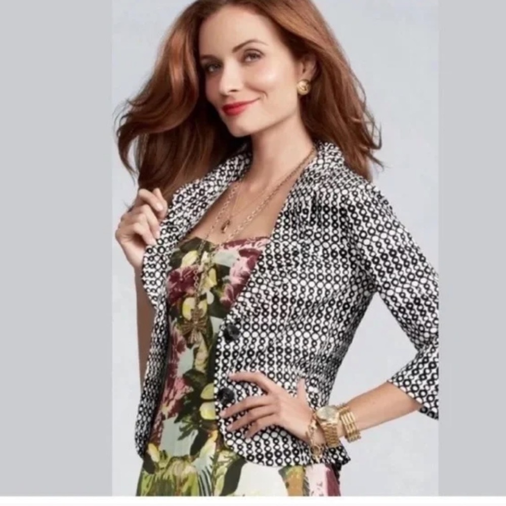 CABI #298 Du Jour Black White Geometric 3/4 sleeve Cropped Blazer Size 4